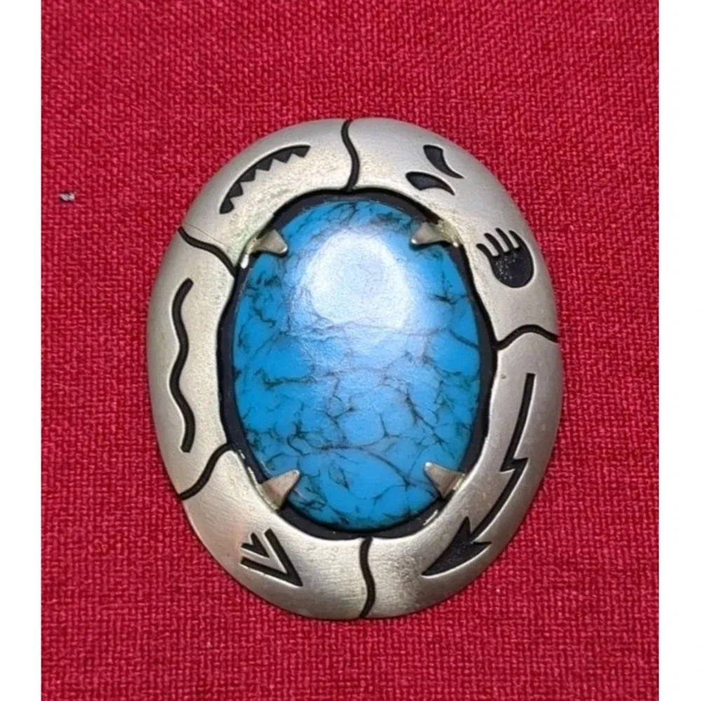 Vintage Bolo Tie Slide Nickel And Faux‎ Turquoise